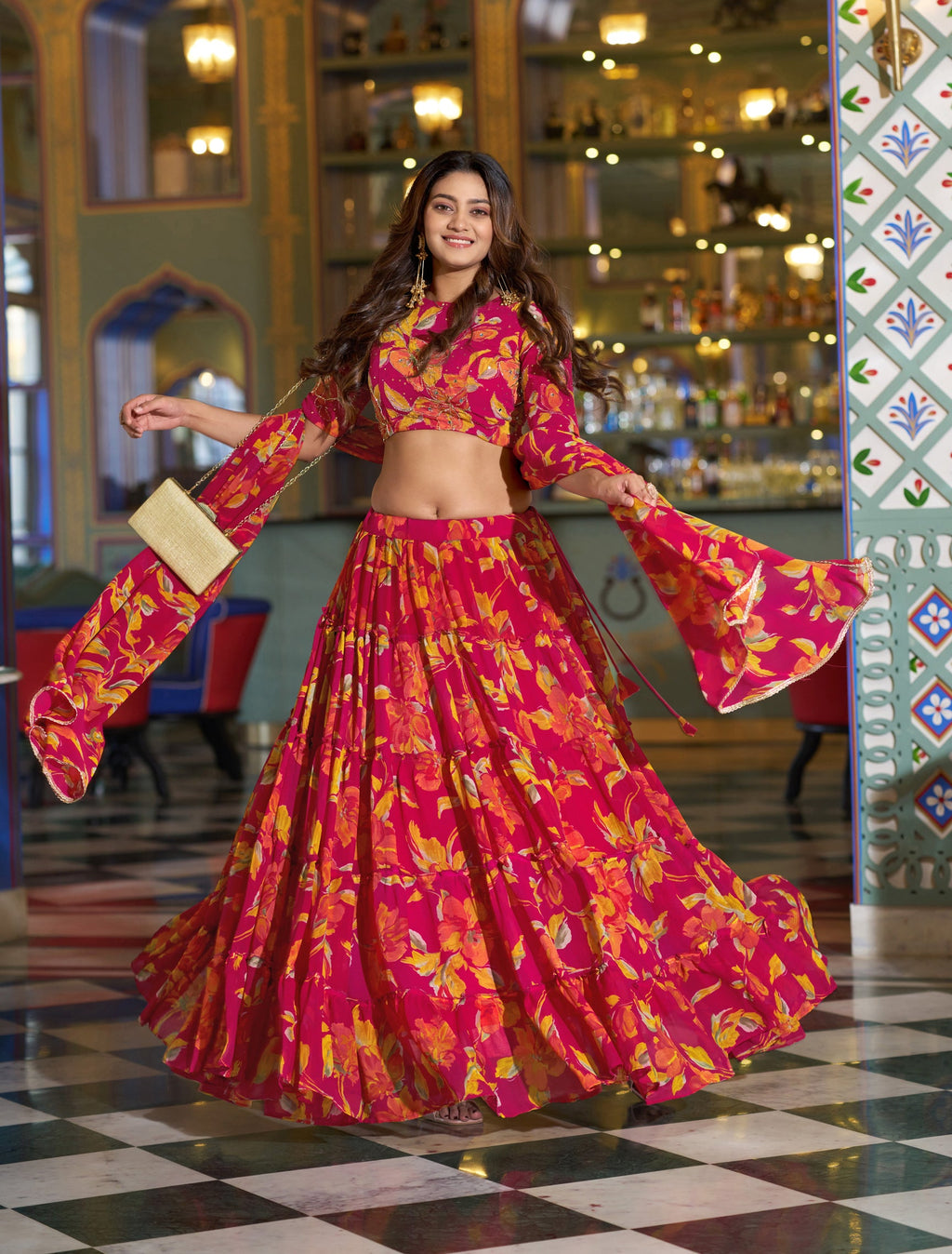 Lorenvalley Fashion Multicolor Marble Floral Printed Lehenga Choli With Dupatta | Grocsy
