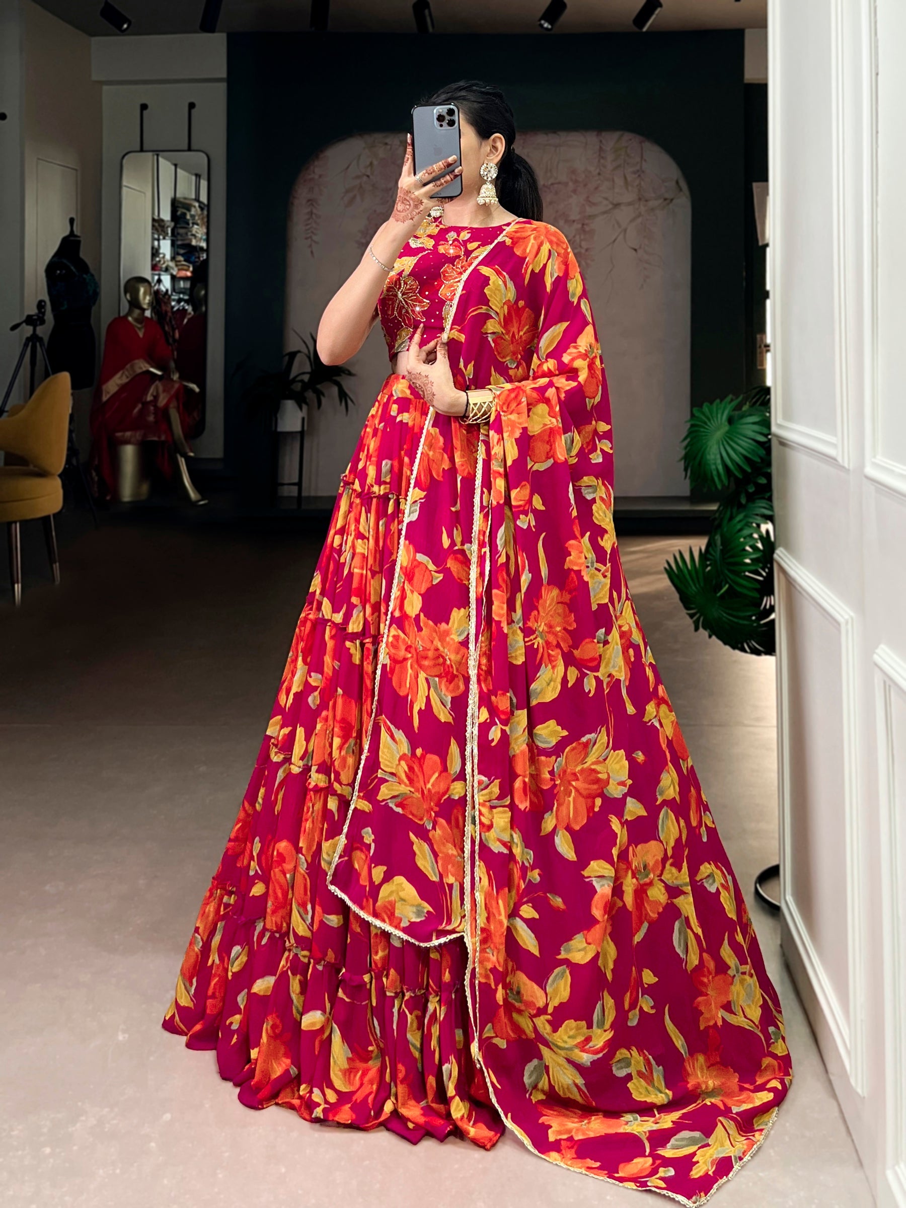 Lorenvalley Fashion Multicolor Marble Floral Printed Lehenga Choli with Dupatta | Grocsy