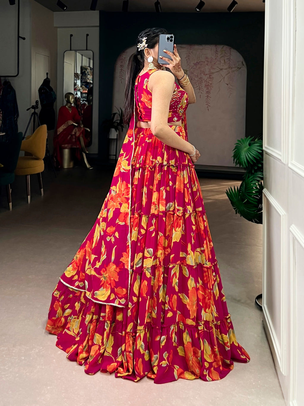 Lorenvalley Fashion Multicolor Marble Floral Printed Lehenga Choli with Dupatta | Grocsy