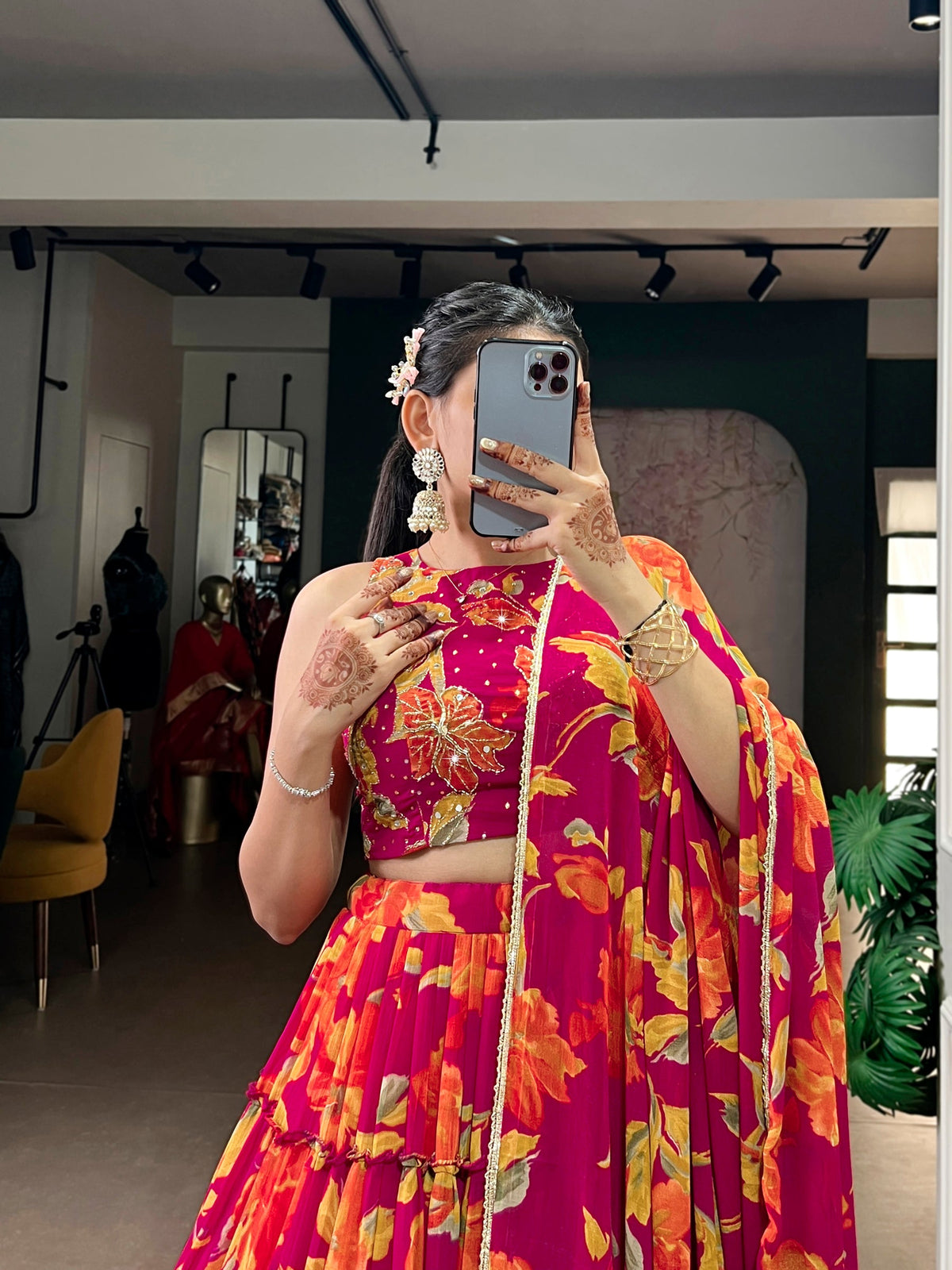 Lorenvalley Fashion Multicolor Marble Floral Printed Lehenga Choli with Dupatta | Grocsy