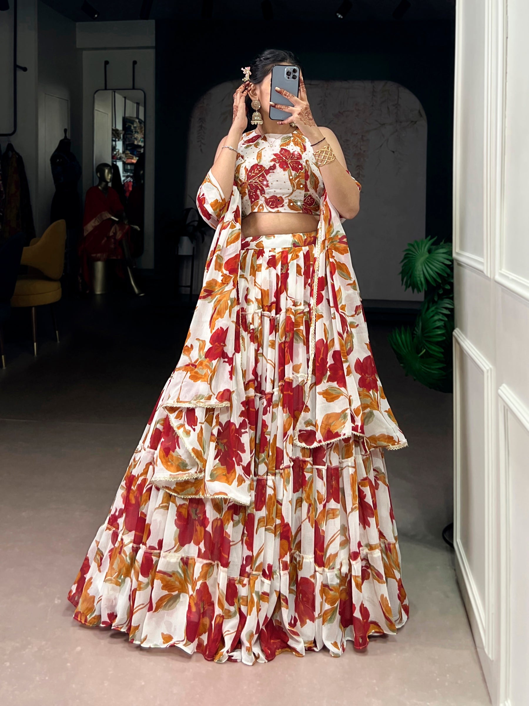 Lorenvalley Fashion Multicolor Marble Floral Printed Lehenga Choli with Dupatta | Grocsy