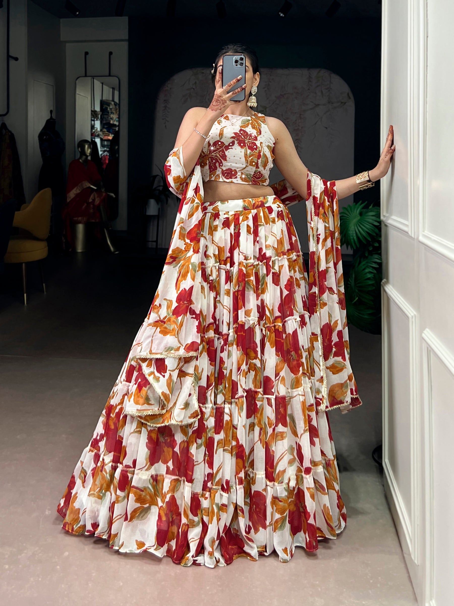 Lorenvalley Fashion Multicolor Marble Floral Printed Lehenga Choli with Dupatta | Grocsy