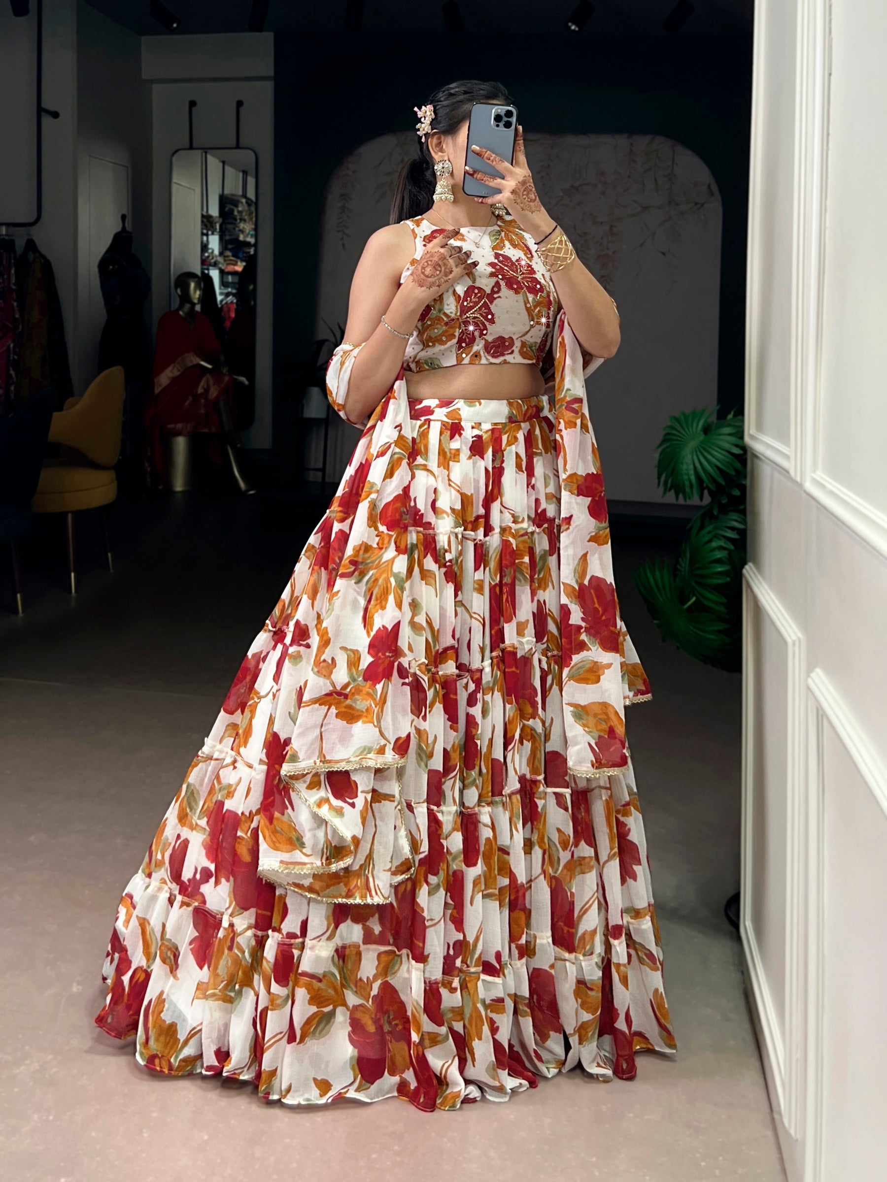 Lorenvalley Fashion Multicolor Marble Floral Printed Lehenga Choli with Dupatta | Grocsy