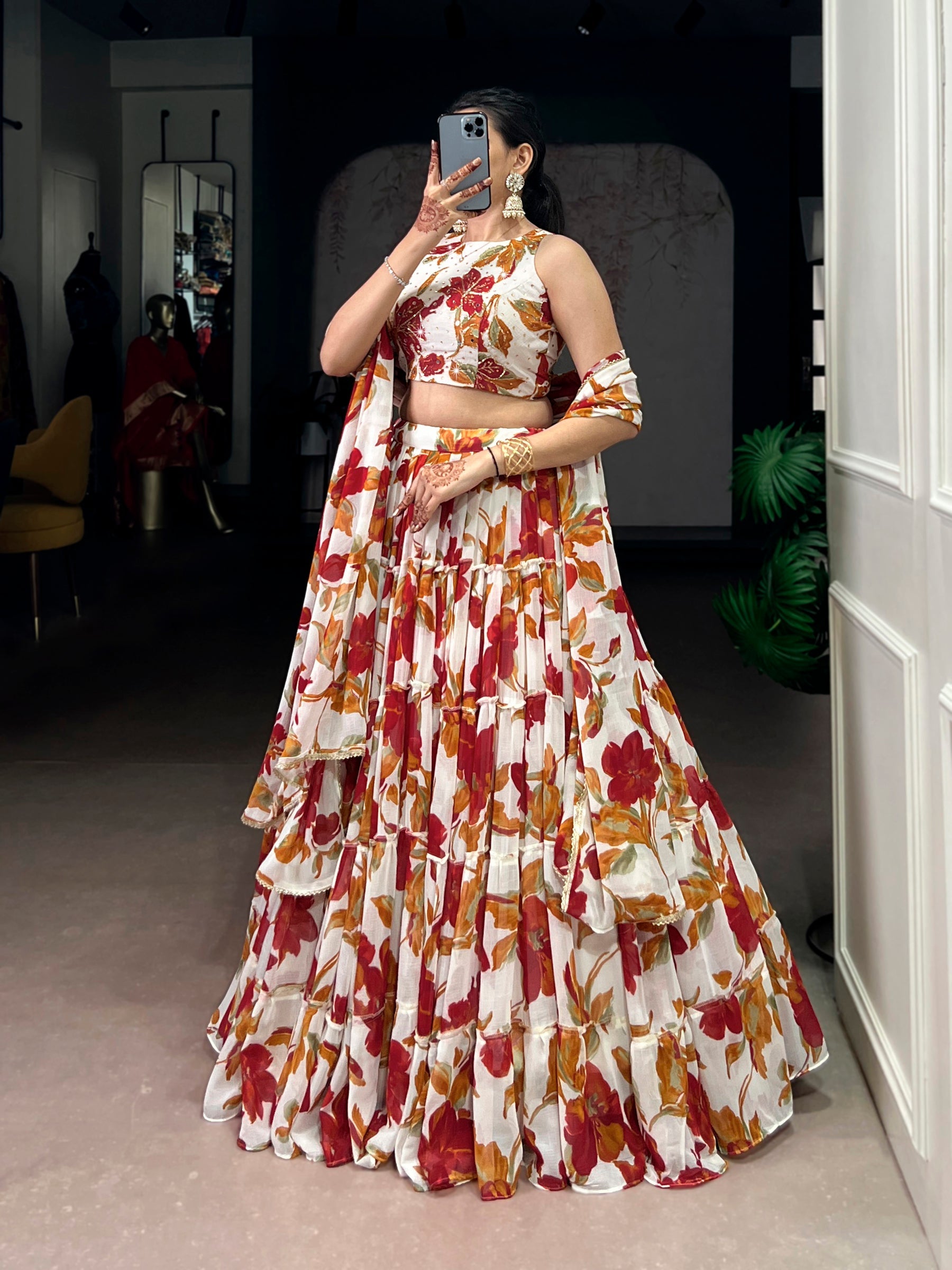 Lorenvalley Fashion Multicolor Marble Floral Printed Lehenga Choli with Dupatta | Grocsy