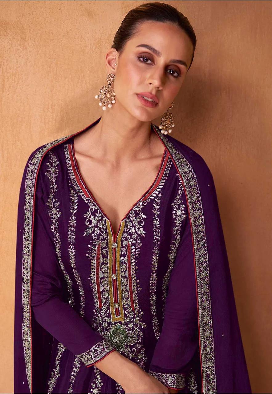 Lorenvalley Purple Chinon Embroidery With Sequince Work Salwar Kameez Stitched | Grocsy