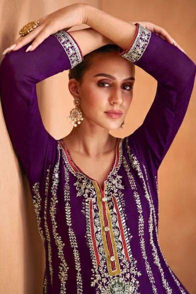 Lorenvalley Purple Chinon Embroidery With Sequince Work Salwar Kameez Stitched | Grocsy