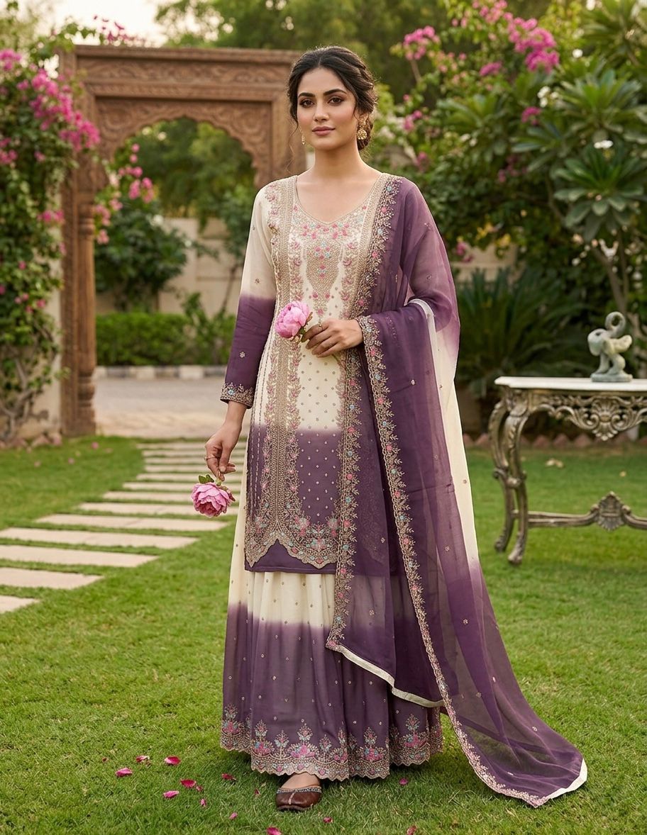 Anaita White & Purple Georgette Readymade Suit with Embroidery Thread Work | Grocsy