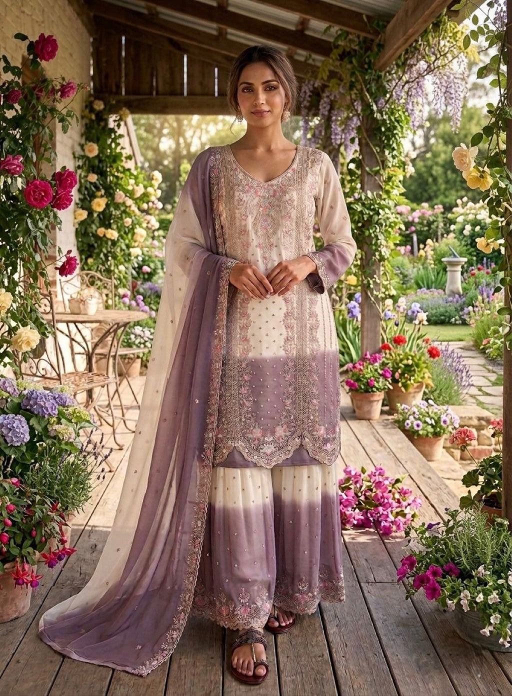 Anaita White & Purple Georgette Readymade Suit with Embroidery Thread Work | Grocsy