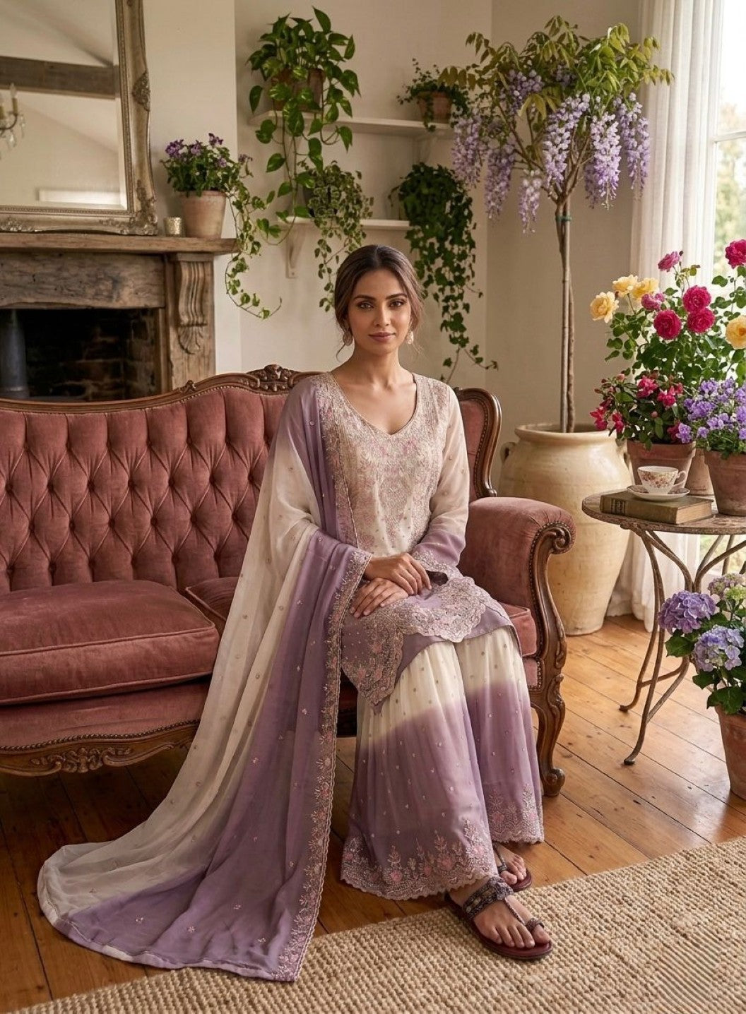 Anaita White & Purple Georgette Readymade Suit with Embroidery Thread Work | Grocsy