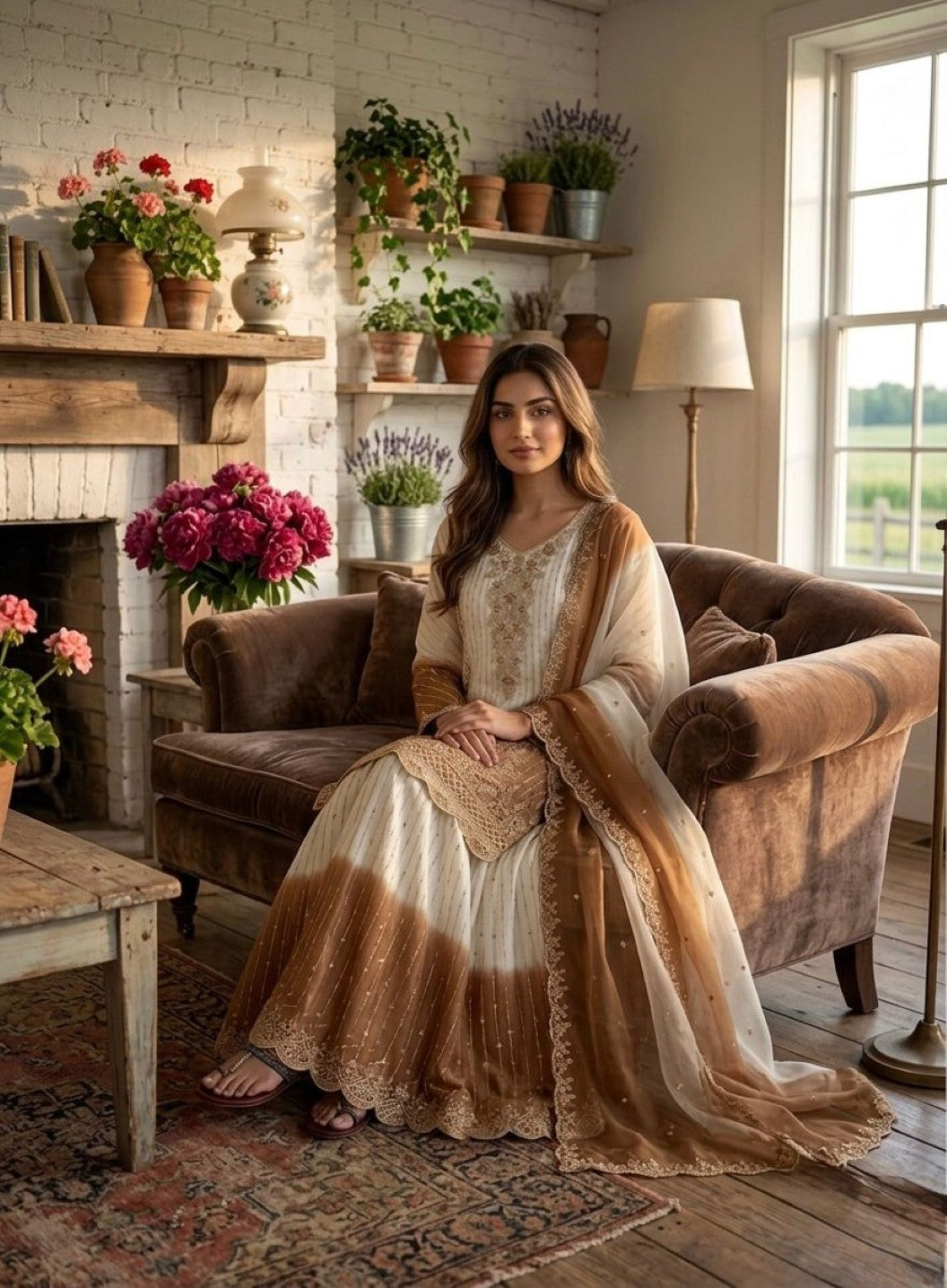 Anaita White & Brown Georgette Readymade Suit with Embroidery Thread Work | Grocsy