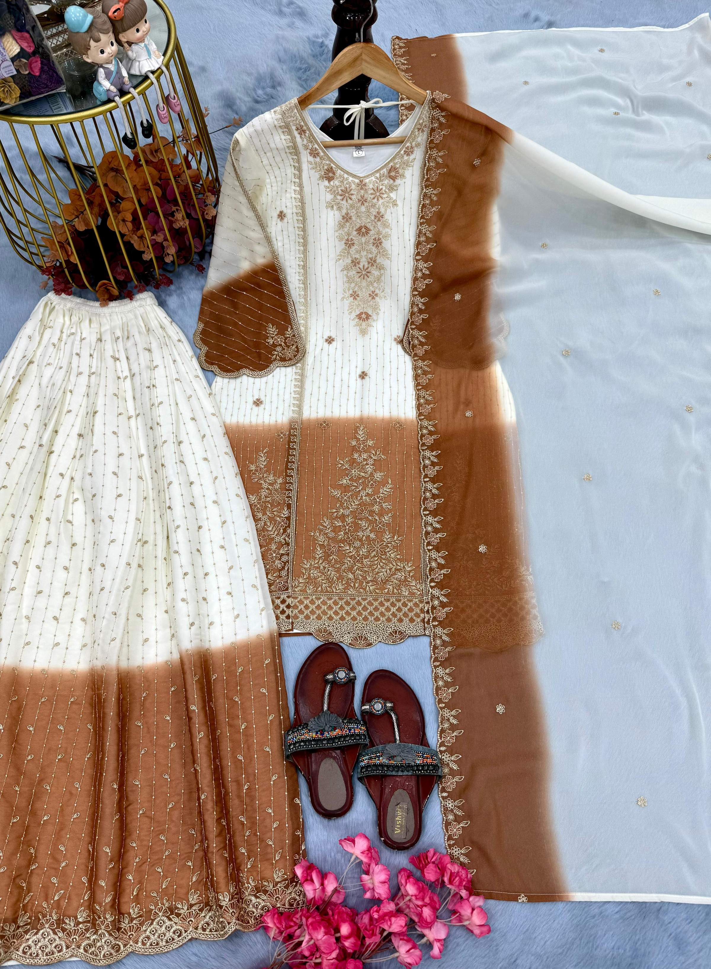 Anaita White & Brown Georgette Readymade Suit with Embroidery Thread Work | Grocsy