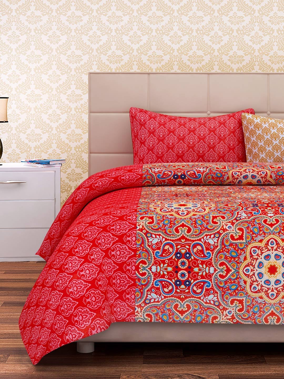 SEJ by Nisha Gupta Red Printed 180 TC Cotton Double Bedsheet with 2 Pillow Covers | Grocsy