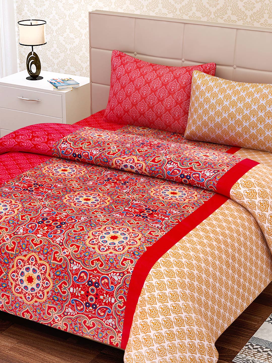 SEJ by Nisha Gupta Red Printed 180 TC Cotton Double Bedsheet with 2 Pillow Covers | Grocsy