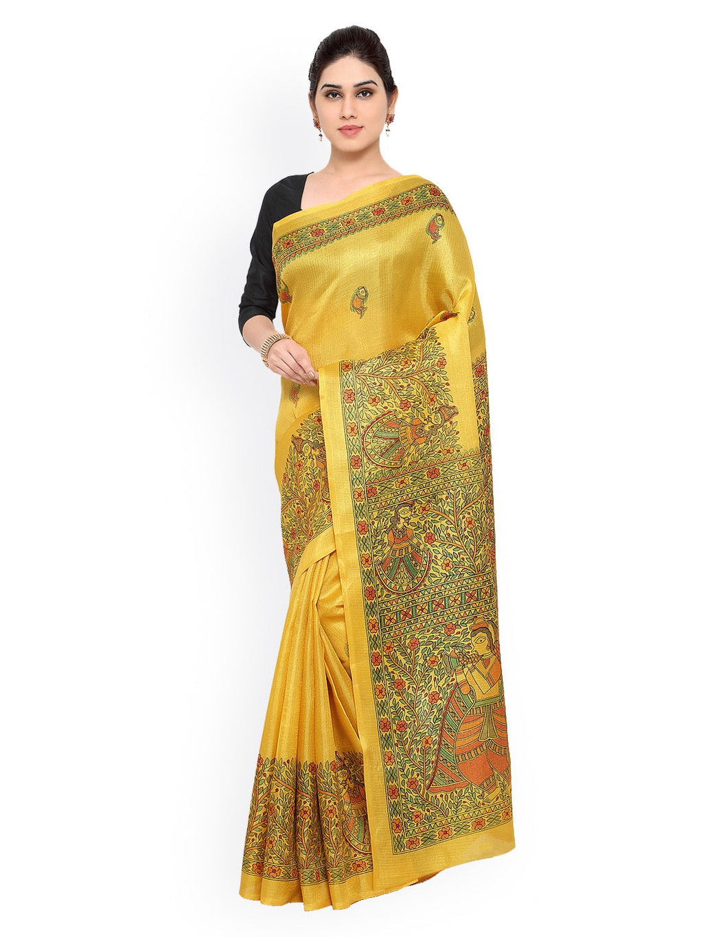 Saree Mall Yellow Art Silk Madhubani Print Saree | Grocsy