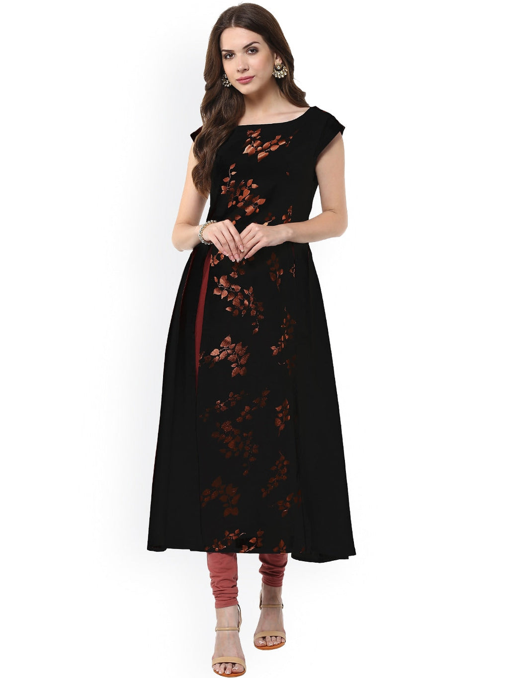 Janasya Women Black Floral Print A-Line Kurta | Grocsy
