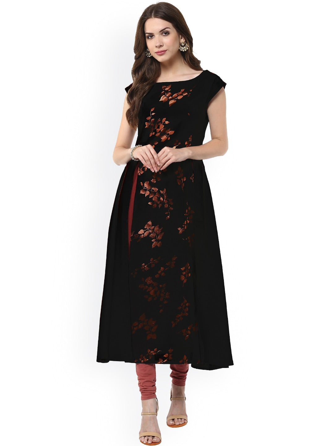 Janasya Women Black Floral Print A-Line Kurta | Grocsy