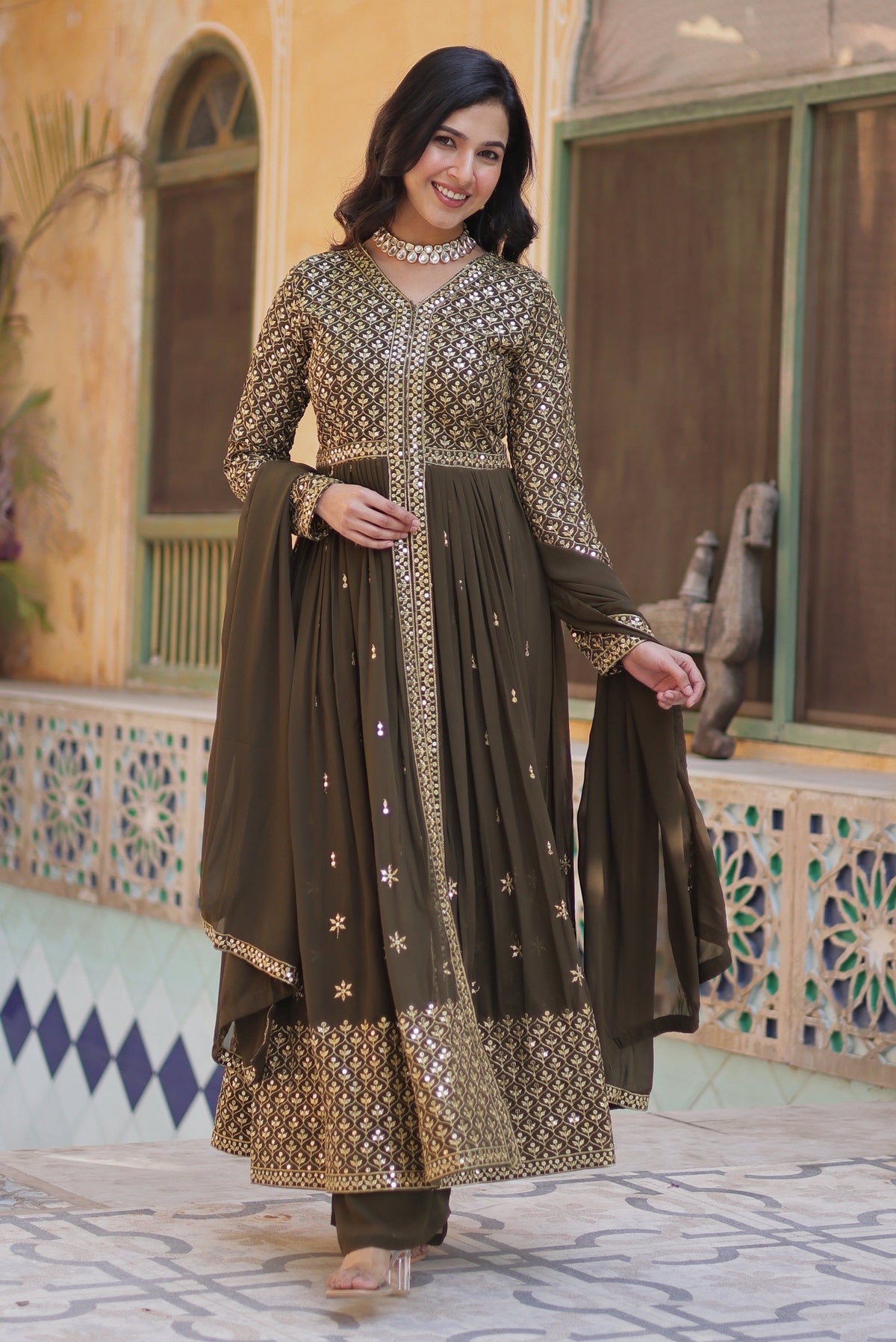Vedant Vastram Heavy Embroidery & Sequins Work Pure Georgette Kurti Pant Set With Dupatta - Mehendi | Grocsy