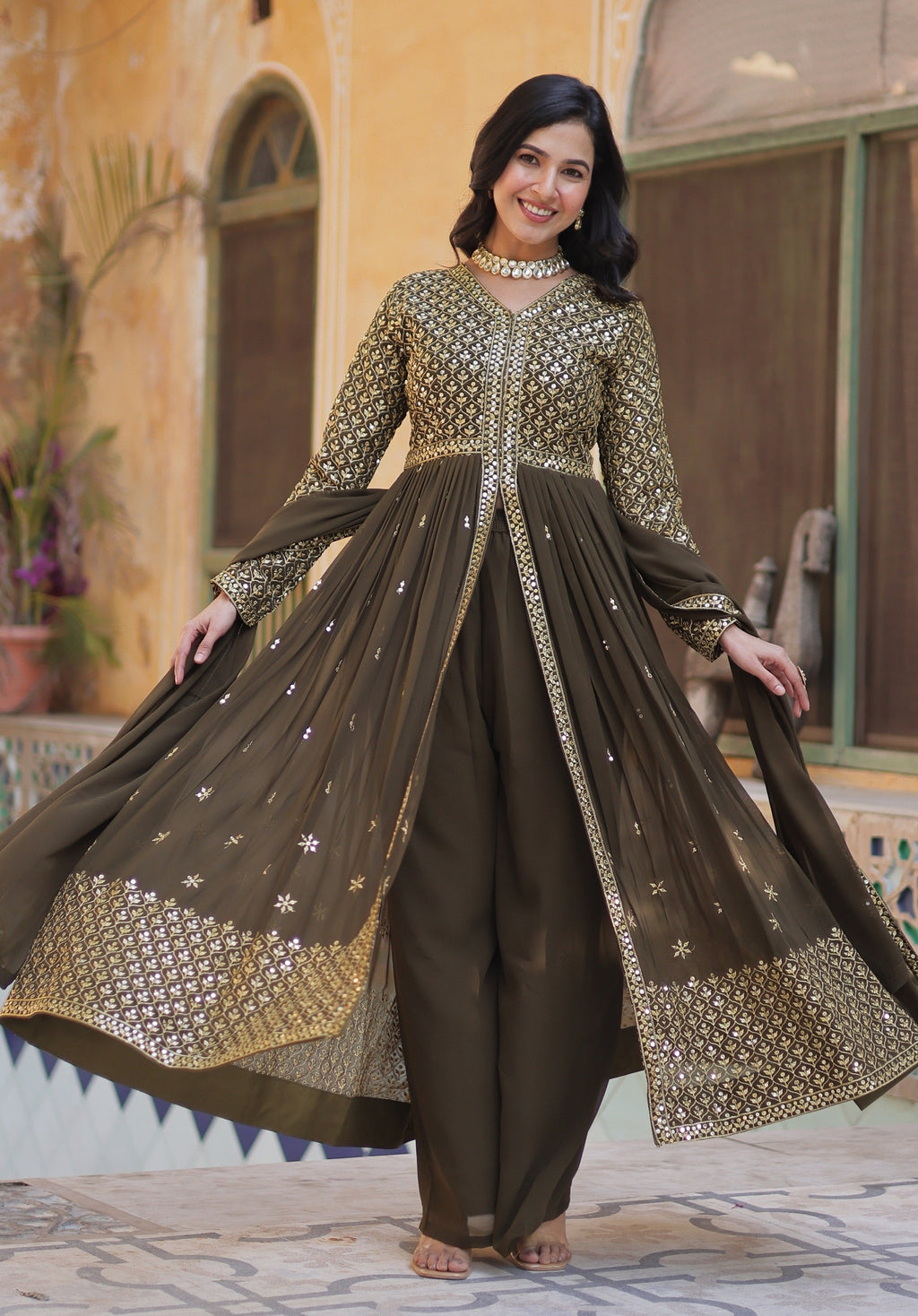 Vedant Vastram Heavy Embroidery & Sequins Work Pure Georgette Kurti Pant Set With Dupatta - Mehendi | Grocsy