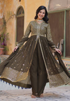 Vedant Vastram Heavy Embroidery & Sequins Work Pure Georgette Kurti Pant Set With Dupatta - Mehendi | Grocsy