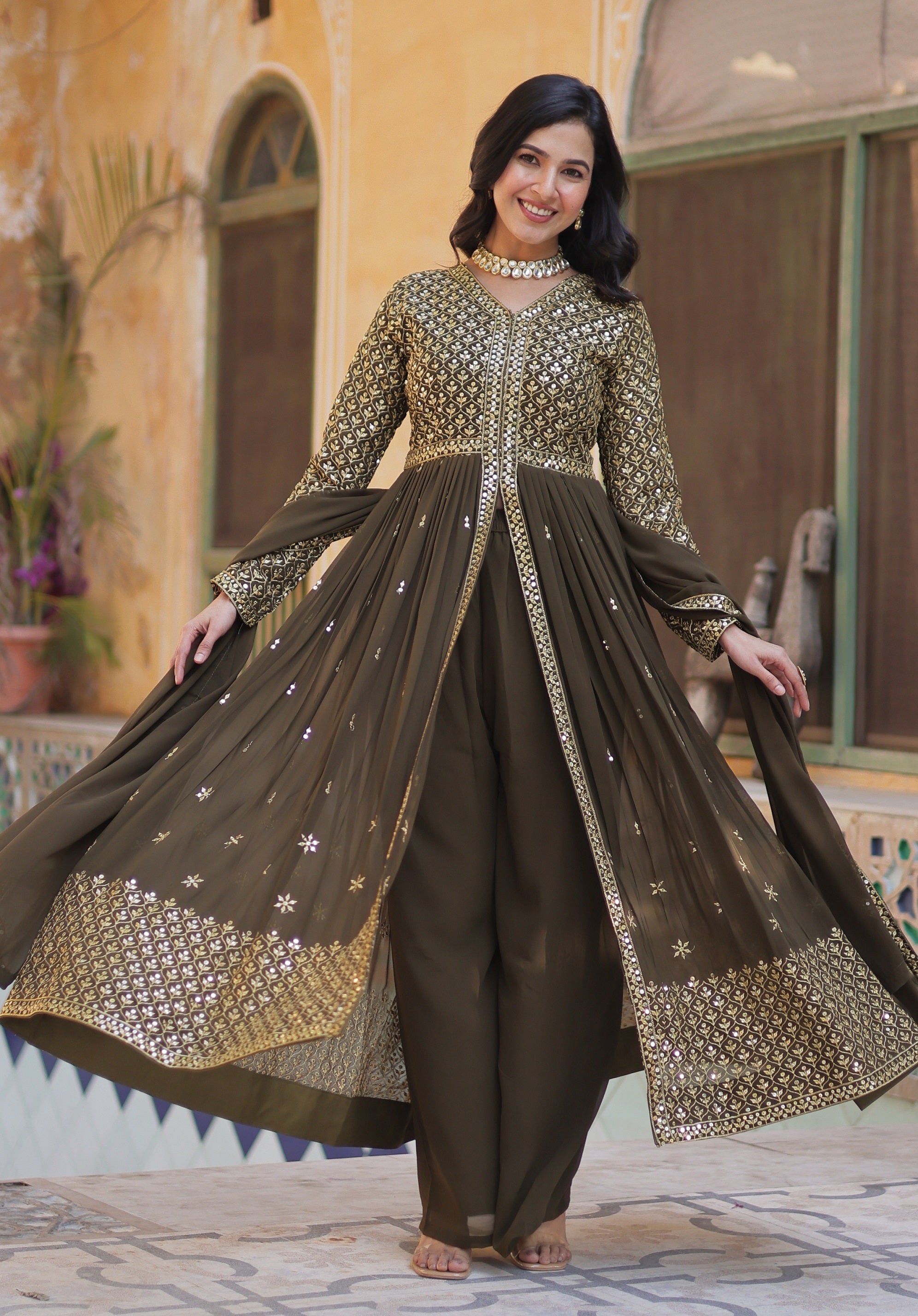 Vedant Vastram Heavy Embroidery & Sequins Work Pure Georgette Kurti Pant Set With Dupatta - Mehendi | Grocsy