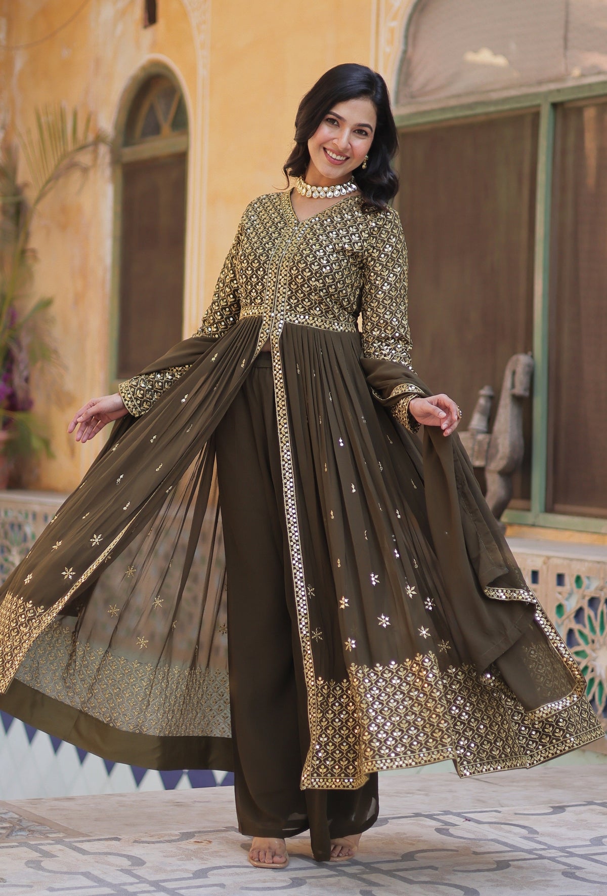 Vedant Vastram Heavy Embroidery & Sequins Work Pure Georgette Kurti Pant Set With Dupatta - Mehendi | Grocsy