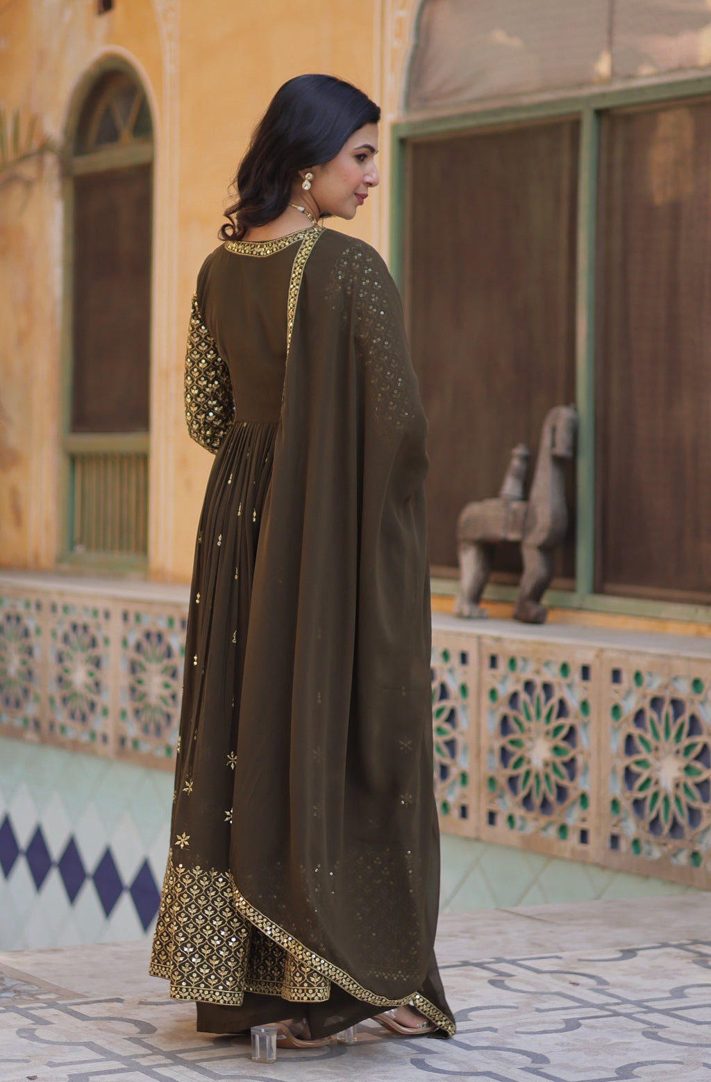 Vedant Vastram Heavy Embroidery & Sequins Work Pure Georgette Kurti Pant Set With Dupatta - Mehendi | Grocsy