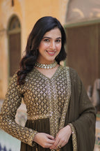 Vedant Vastram Heavy Embroidery & Sequins Work Pure Georgette Kurti Pant Set With Dupatta - Mehendi | Grocsy