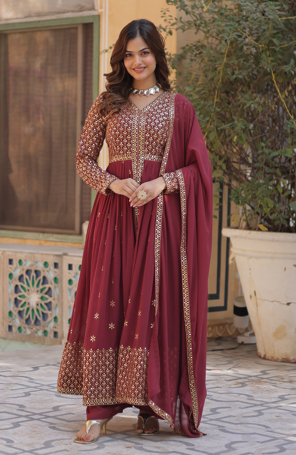 Vedant Vastram Heavy Embroidery & Sequins Work Pure Georgette Kurti Pant Set With Dupatta - Peach | Grocsy