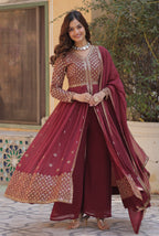 Vedant Vastram Heavy Embroidery & Sequins Work Pure Georgette Kurti Pant Set With Dupatta - Peach | Grocsy