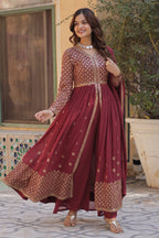 Vedant Vastram Heavy Embroidery & Sequins Work Pure Georgette Kurti Pant Set With Dupatta - Peach | Grocsy