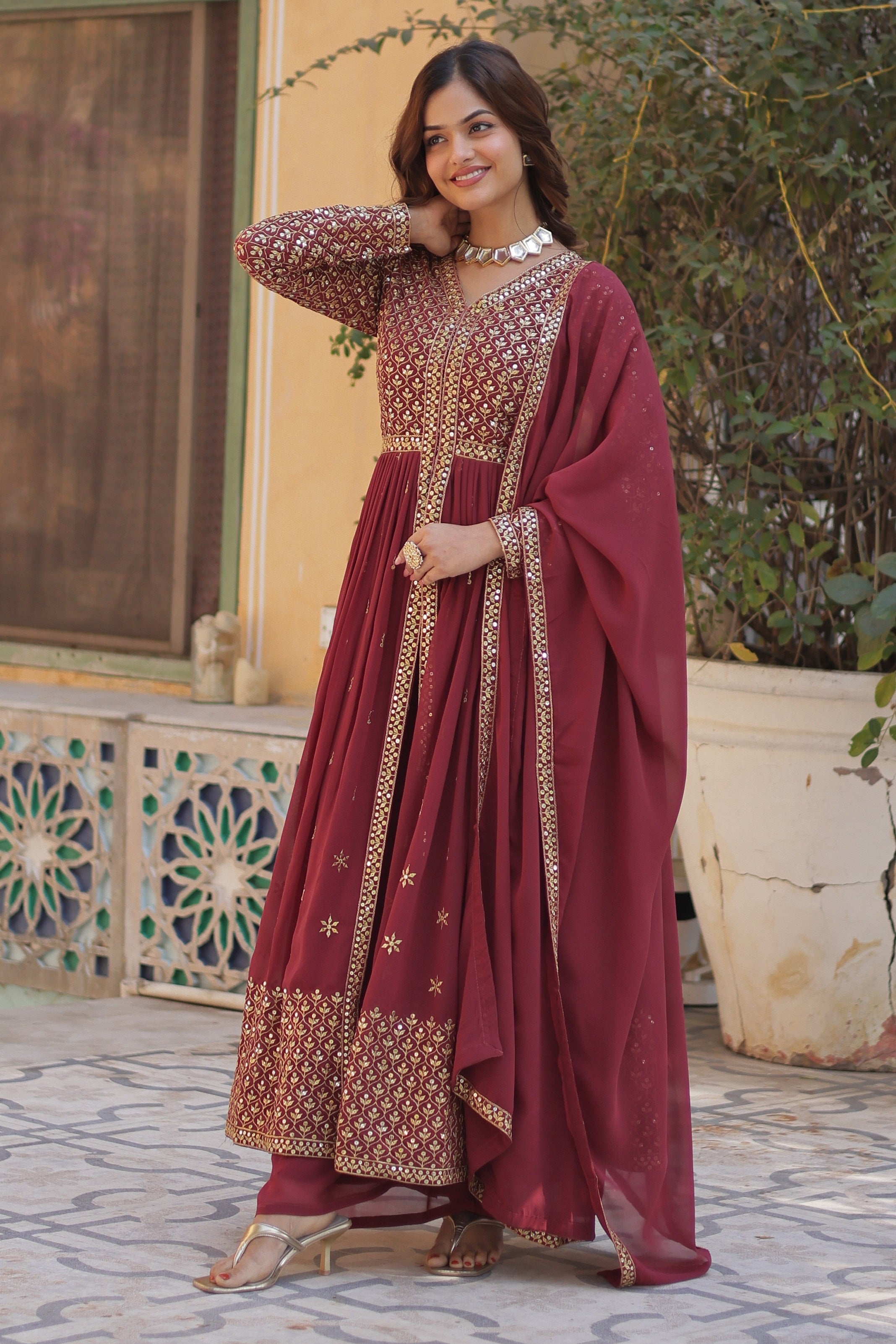 Vedant Vastram Heavy Embroidery & Sequins Work Pure Georgette Kurti Pant Set With Dupatta - Peach | Grocsy