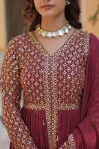 Vedant Vastram Heavy Embroidery & Sequins Work Pure Georgette Kurti Pant Set With Dupatta - Peach | Grocsy