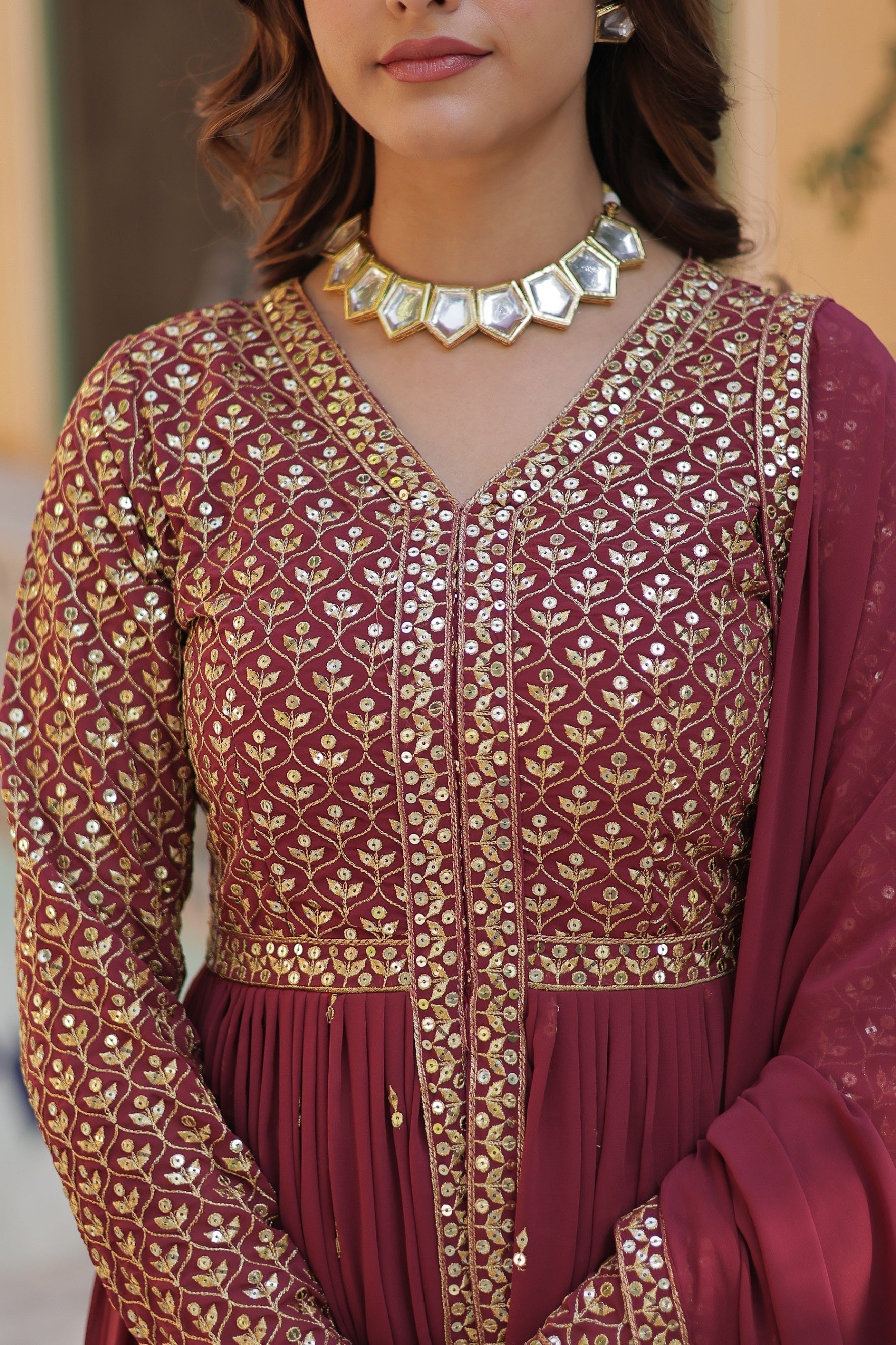 Vedant Vastram Heavy Embroidery & Sequins Work Pure Georgette Kurti Pant Set With Dupatta - Peach | Grocsy