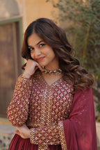 Vedant Vastram Heavy Embroidery & Sequins Work Pure Georgette Kurti Pant Set With Dupatta - Peach | Grocsy