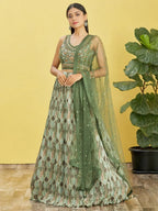 Tulsi Art Attractive Green Embroidered Chinon Mehendi Wear Lehenga Choli | Grocsy