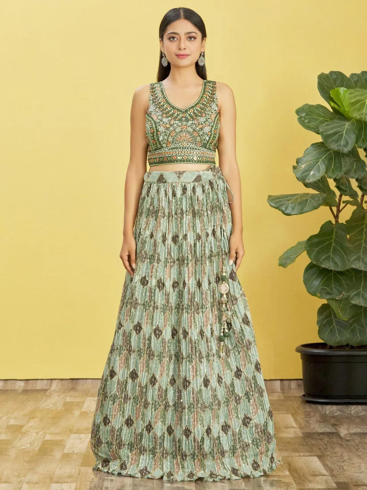 Tulsi Art Attractive Green Embroidered Chinon Mehendi Wear Lehenga Choli | Grocsy