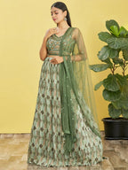 Tulsi Art Attractive Green Embroidered Chinon Mehendi Wear Lehenga Choli | Grocsy