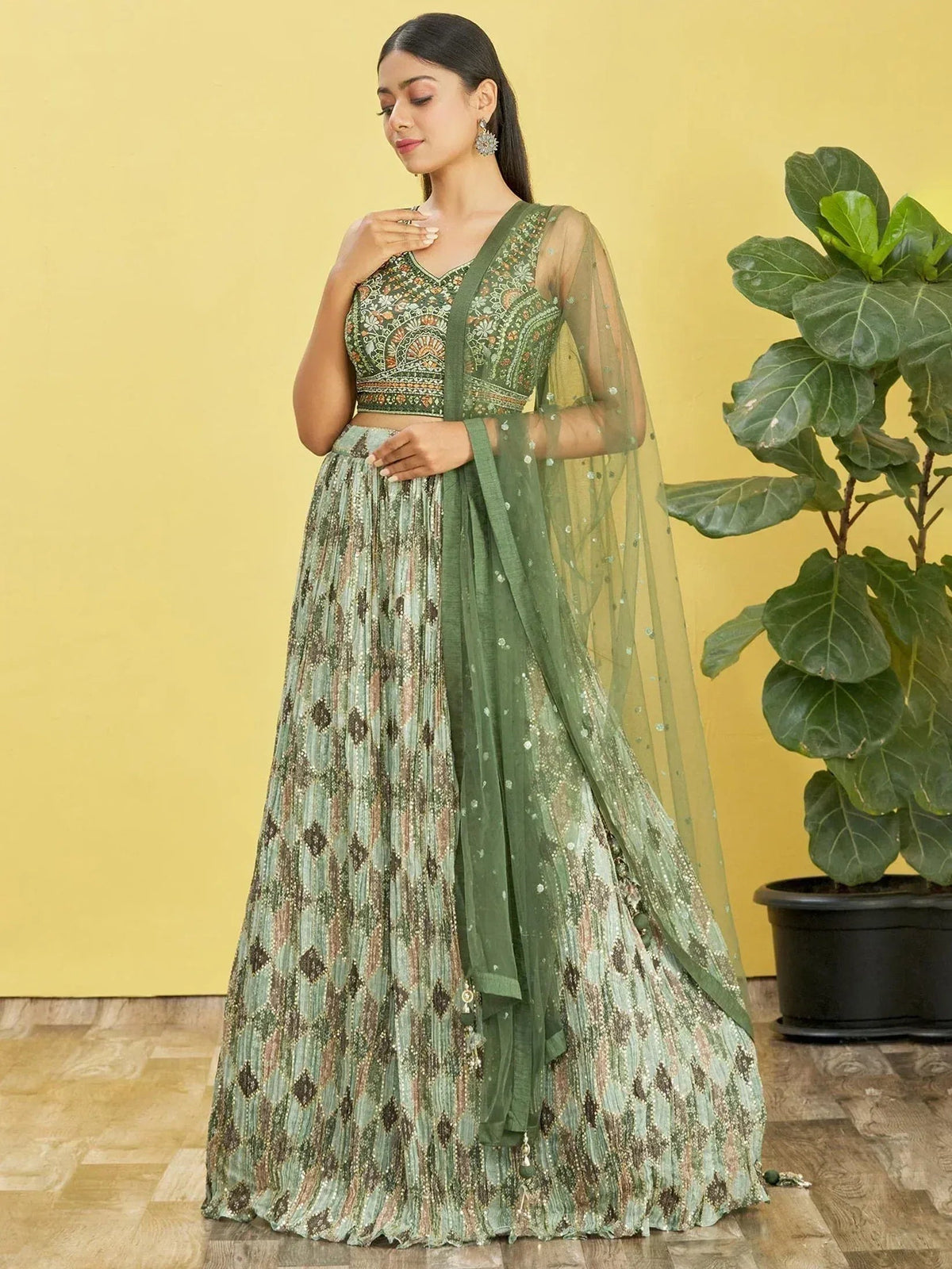 Tulsi Art Attractive Green Embroidered Chinon Mehendi Wear Lehenga Choli | Grocsy