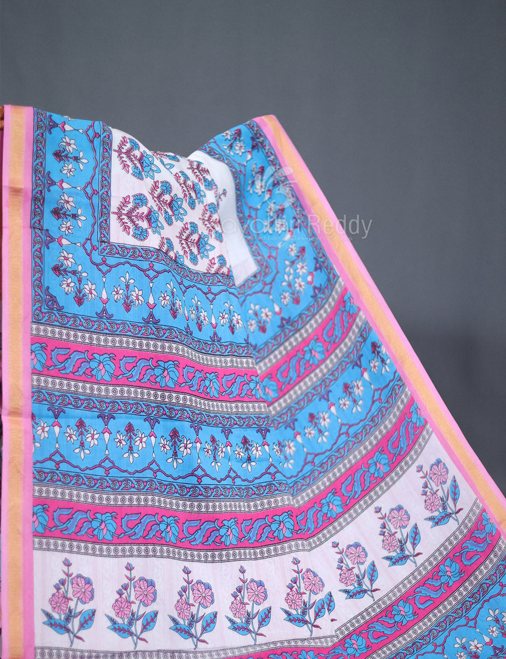 White And Cloud Blue Printed Cotton Sareecotton Saree-C569 By Gayathri Reddy Designer Studio | Grocsy