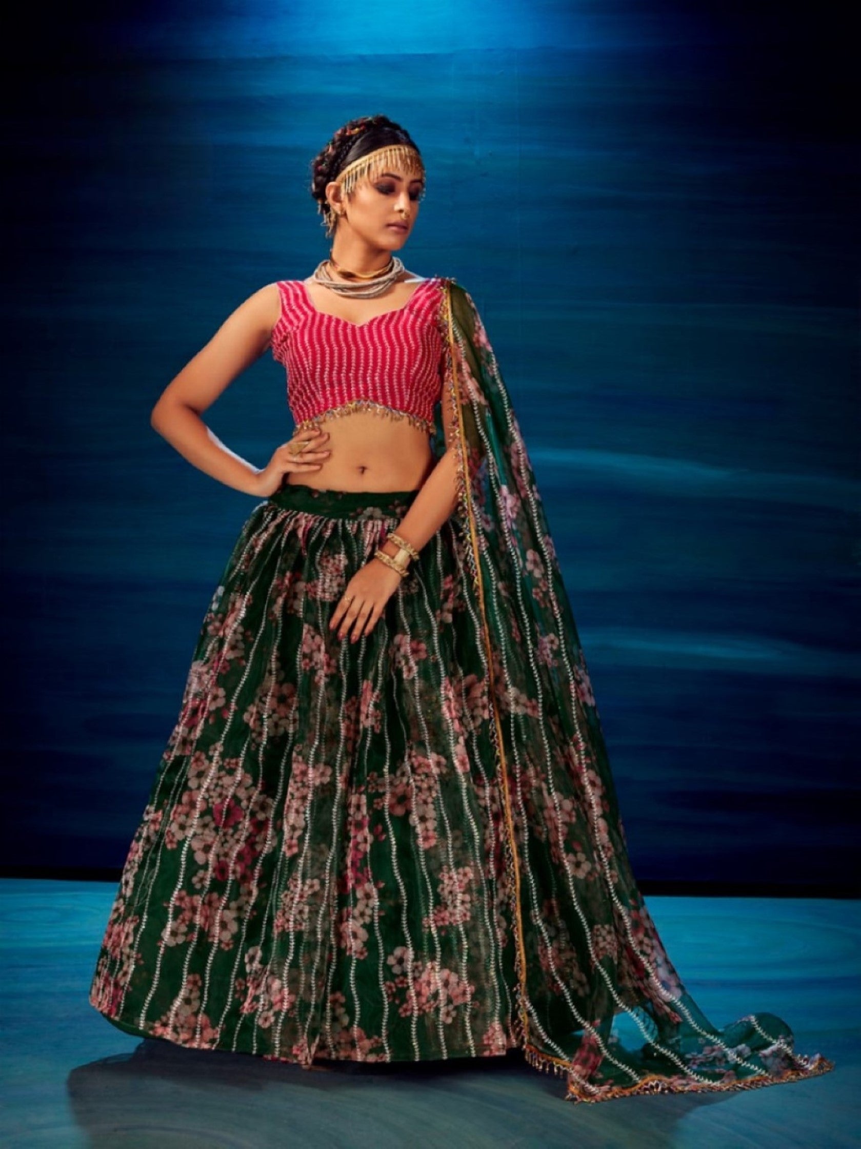 Anaita Dark-Green Organza Lehenga Choli With Sequence & Thread Work | Grocsy