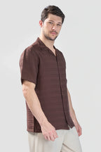 Xkind Brown Horizontal Pleated Stripes Relaxed Fit Shirt | Grocsy