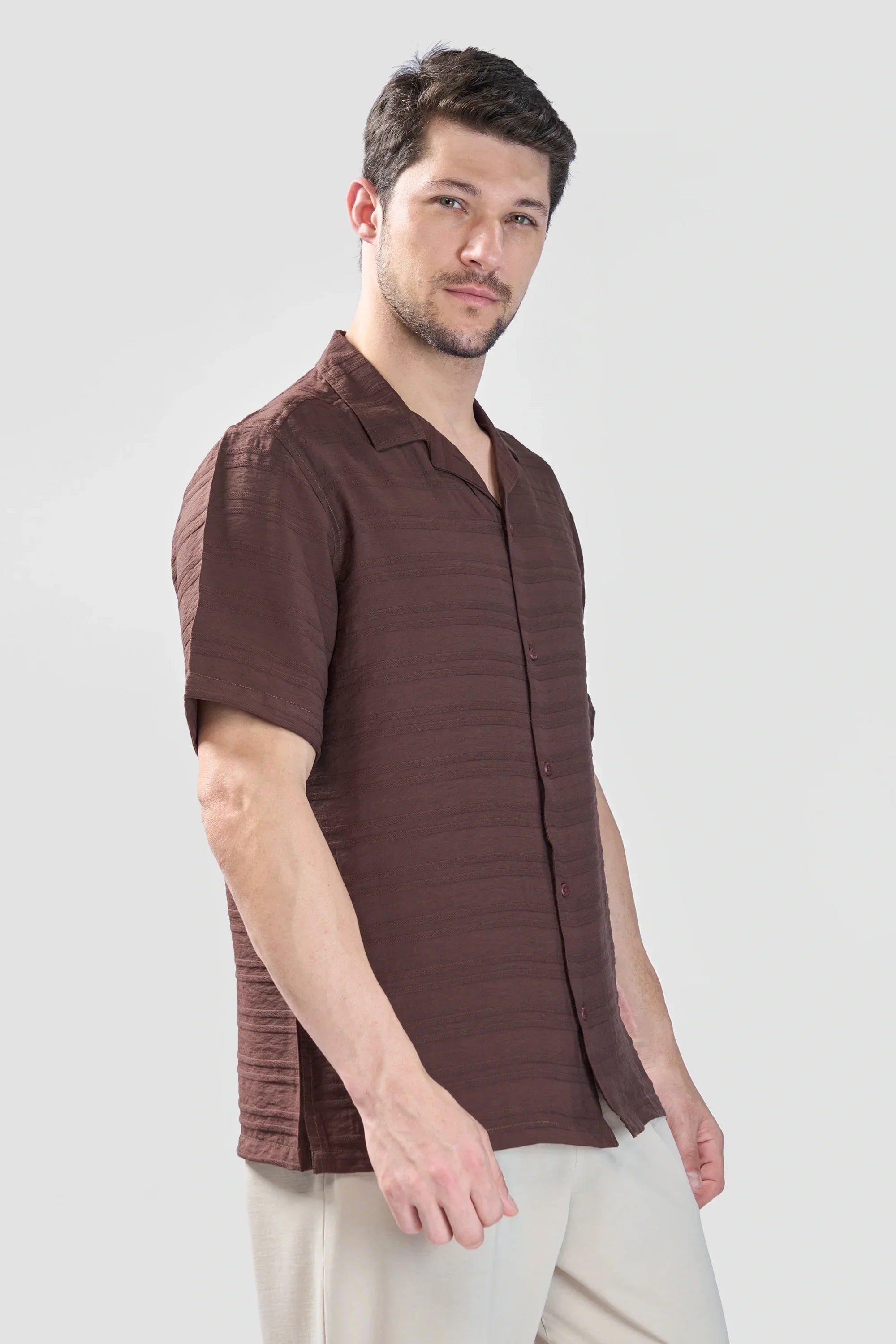 Xkind Brown Horizontal Pleated Stripes Relaxed Fit Shirt | Grocsy