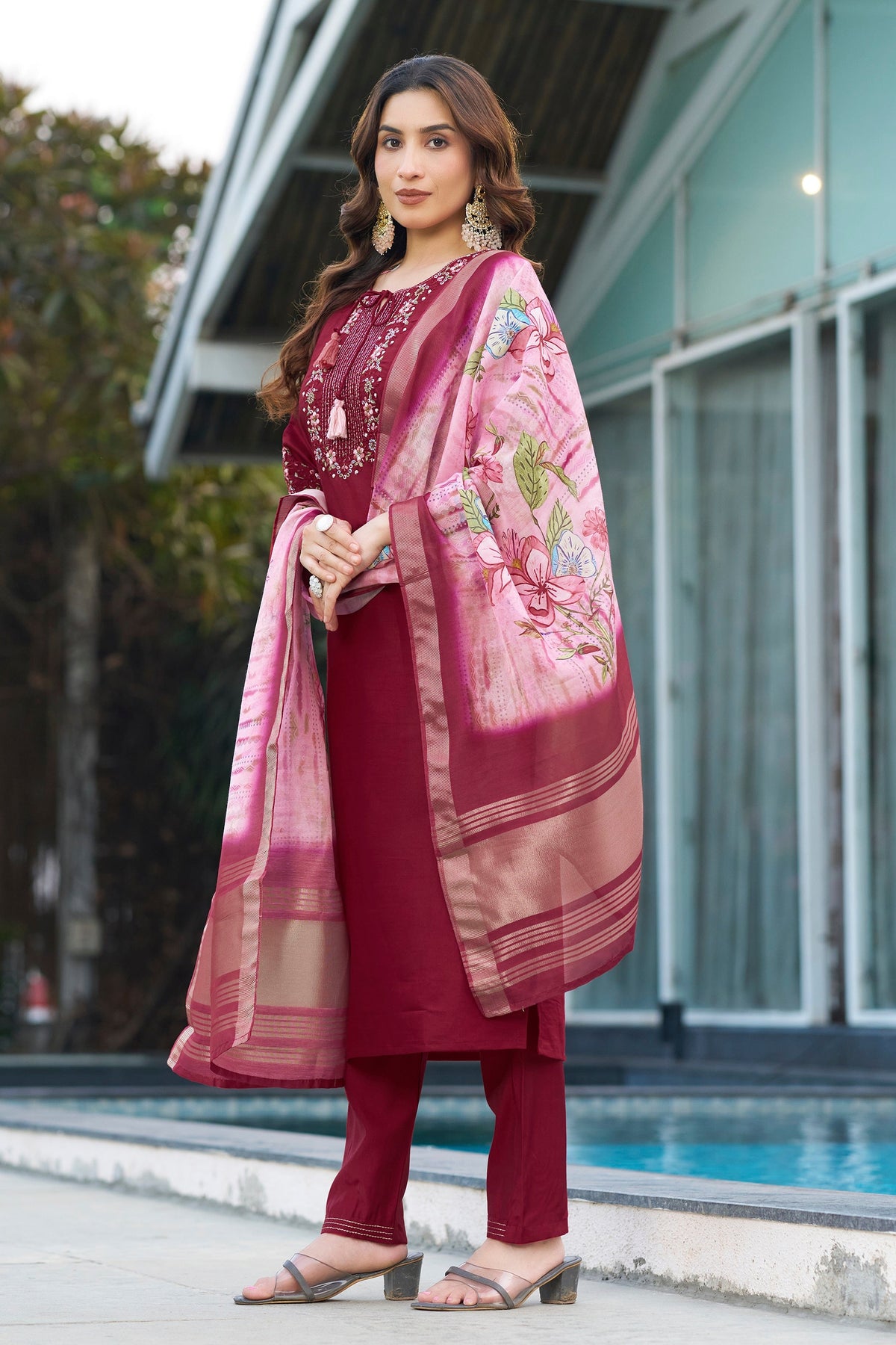 Vedant Vastram Viscose Silk Embroidery & Sequence Work Stitched Kurta Pant Dupatta Set-Maroon | Grocsy