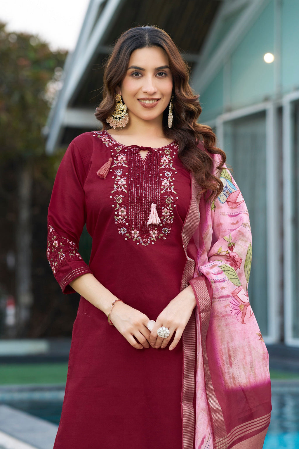 Vedant Vastram Viscose Silk Embroidery & Sequence Work Stitched Kurta Pant Dupatta Set-Maroon | Grocsy