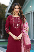 Vedant Vastram Viscose Silk Embroidery & Sequence Work Stitched Kurta Pant Dupatta Set-Maroon | Grocsy