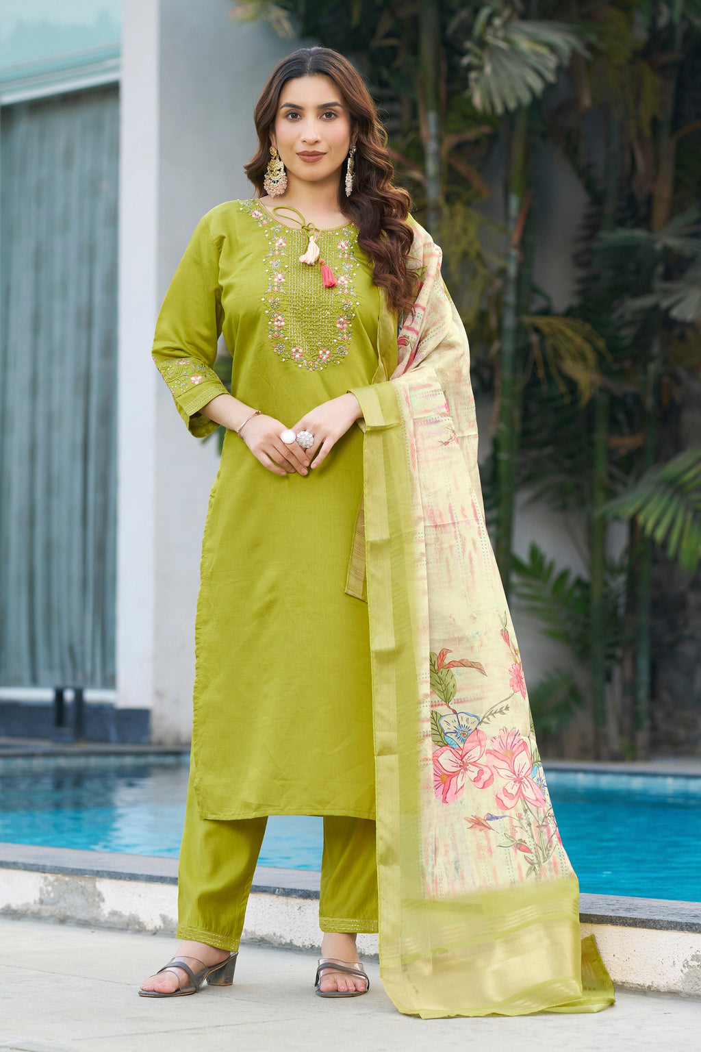 Vedant Vastram Viscose Silk Embroidery & Sequence Work Stitched Kurta Pant Dupatta Set-Parrot Green | Grocsy