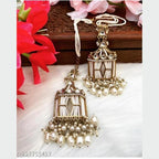 Tehzeeb Creations Stylish White Pearls Gold-Polished Kundan Studded Beads Beaded Drop Earrings With Ear Chain Long Earring Set | Grocsy