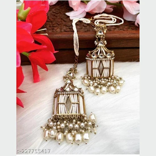 Tehzeeb Creations Stylish White Pearls Gold-Polished Kundan Studded Beads Beaded Drop Earrings With Ear Chain Long Earring Set | Grocsy