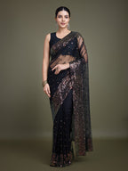 Monjolika Fashion Women'S Black Soft Net SareeWith Sequin Embellished Border And Pallu | Grocsy