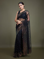 Monjolika Fashion Women'S Black Soft Net SareeWith Sequin Embellished Border And Pallu | Grocsy